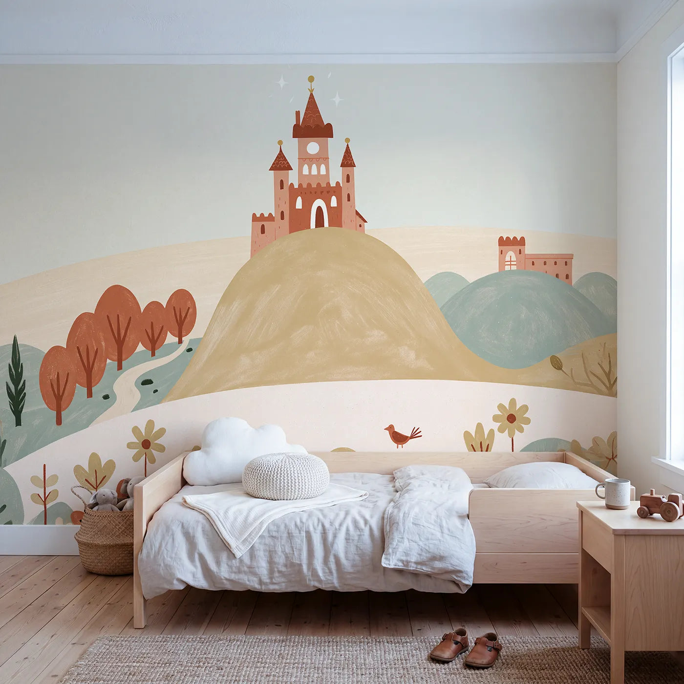 Gouache wall mural of a folk castle on a hill on warm putty by Whimsy Tots