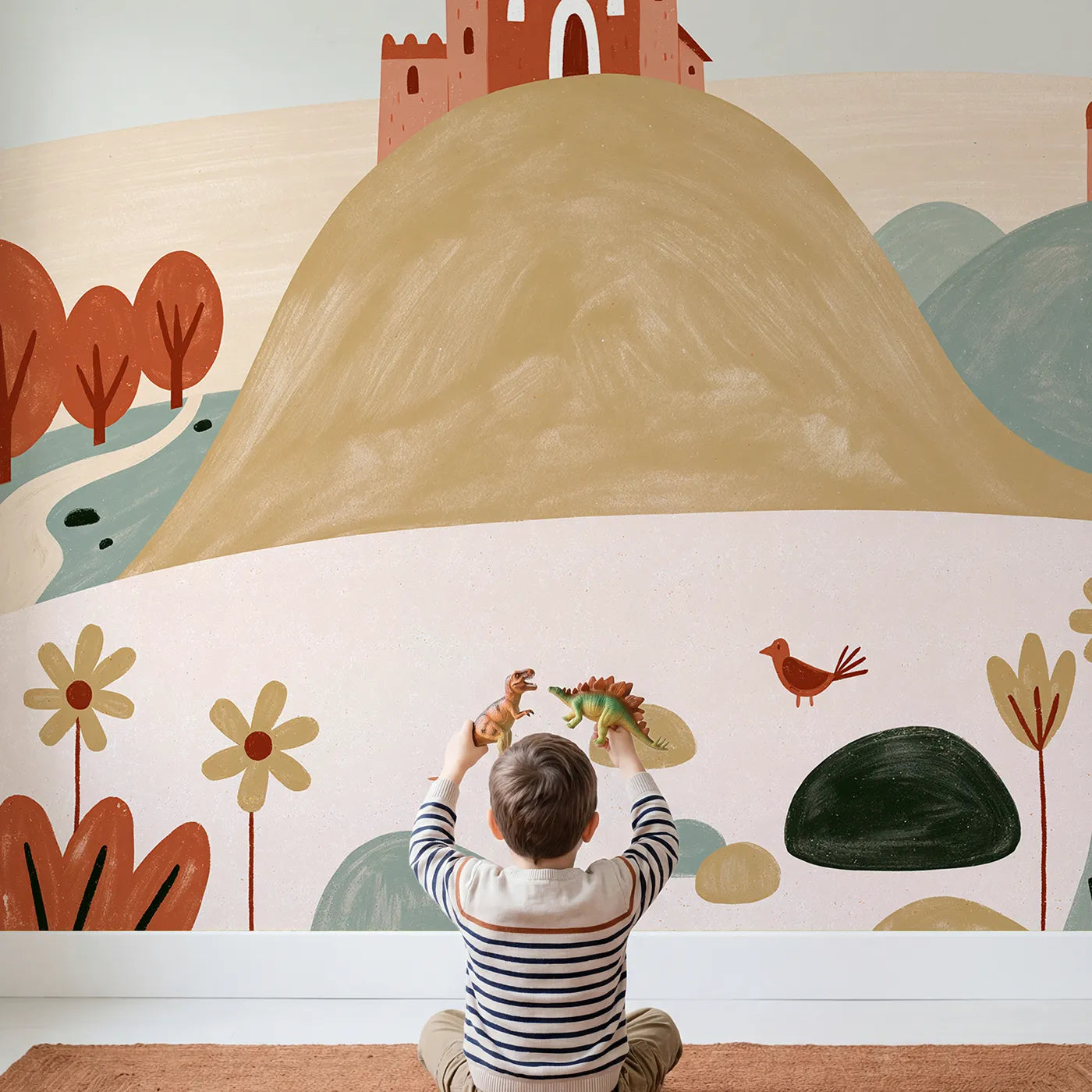 Child in nursery with Folk Castle Hill Wallpaper Mural by Whimsy Tots