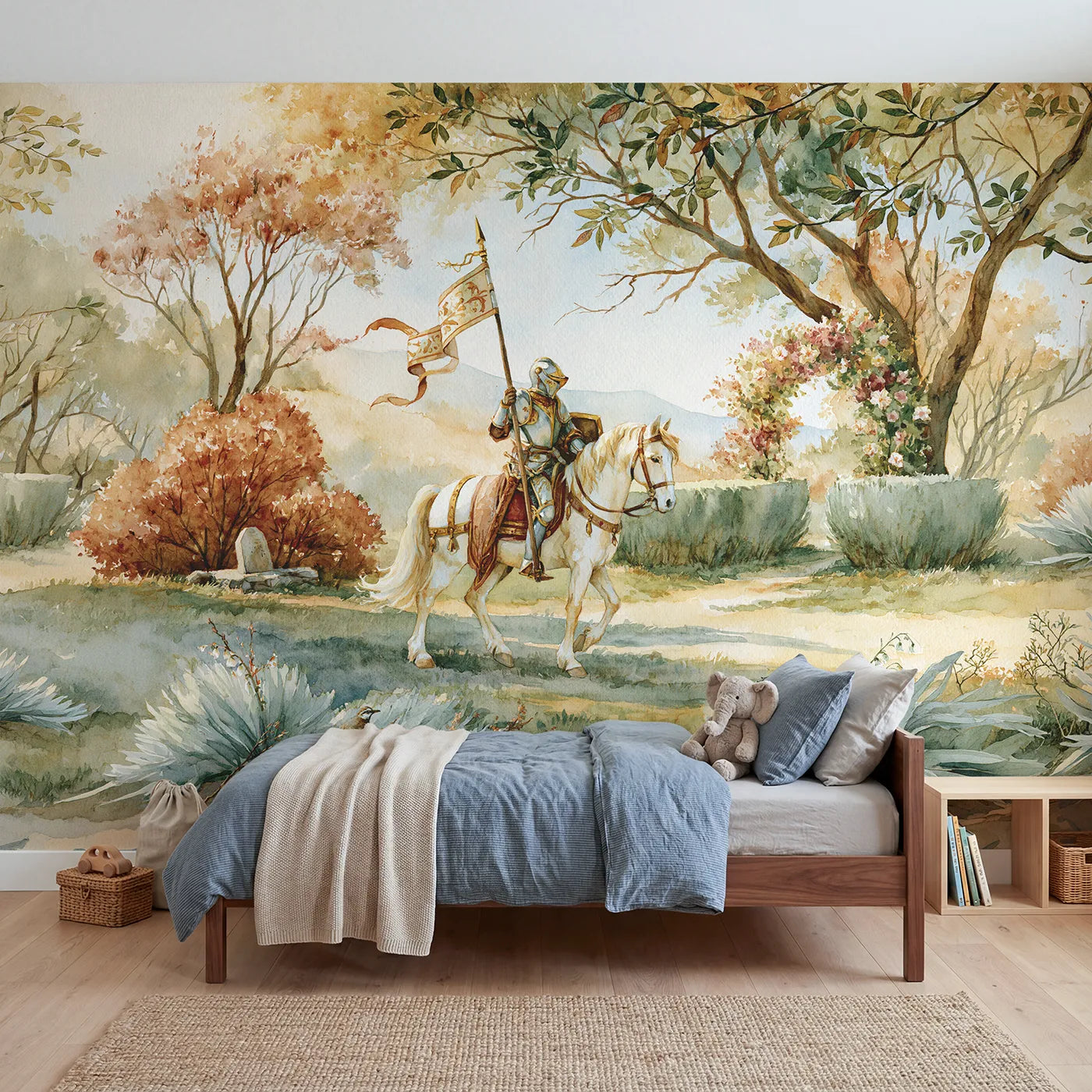 Watercolor wall mural of a knight riding a pony on pale sage by Whimsy Tots