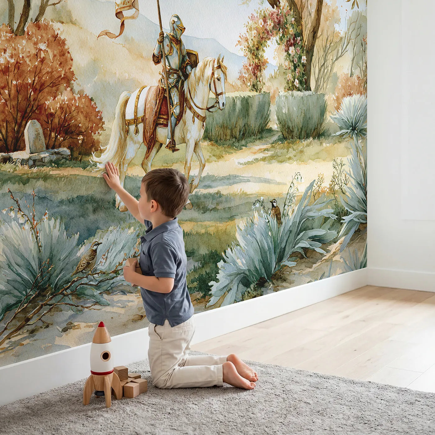 Child in nursery with Gentle Knight Pony Wallpaper Mural by Whimsy Tots