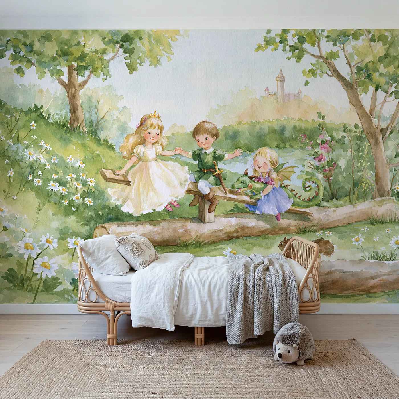 Watercolor princess and small dragon on a plank seesaw, mural for a bedroom by Whimsy Tots