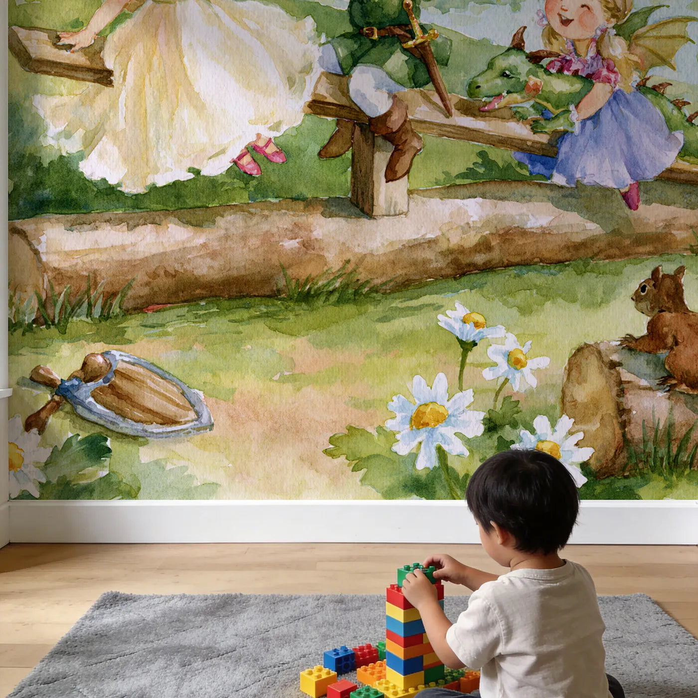 Child in nursery with Dragon Seesaw Play Wallpaper Mural by Whimsy Tots