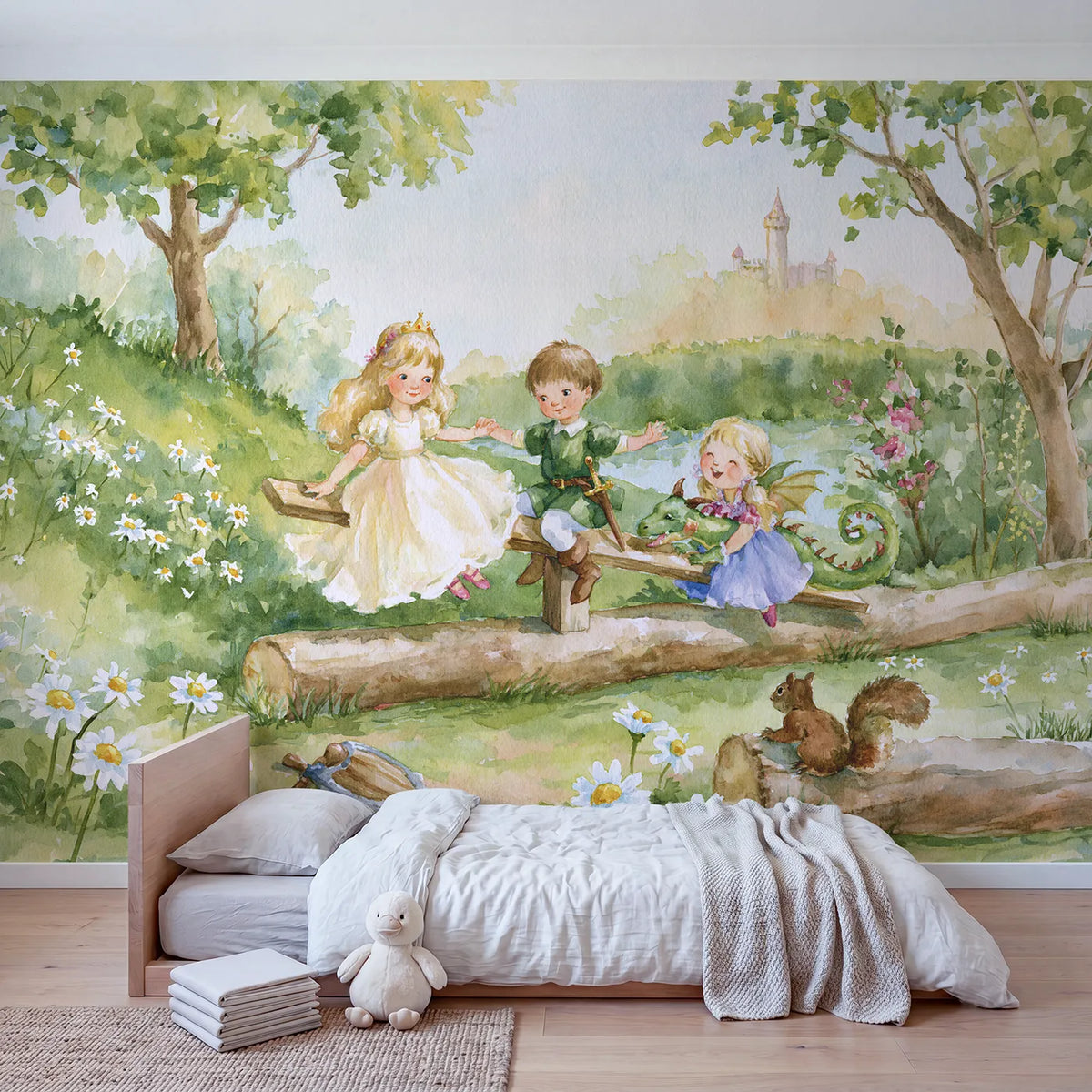 Dragon Seesaw Play Wallpaper Mural in playroom setting by Whimsy Tots
