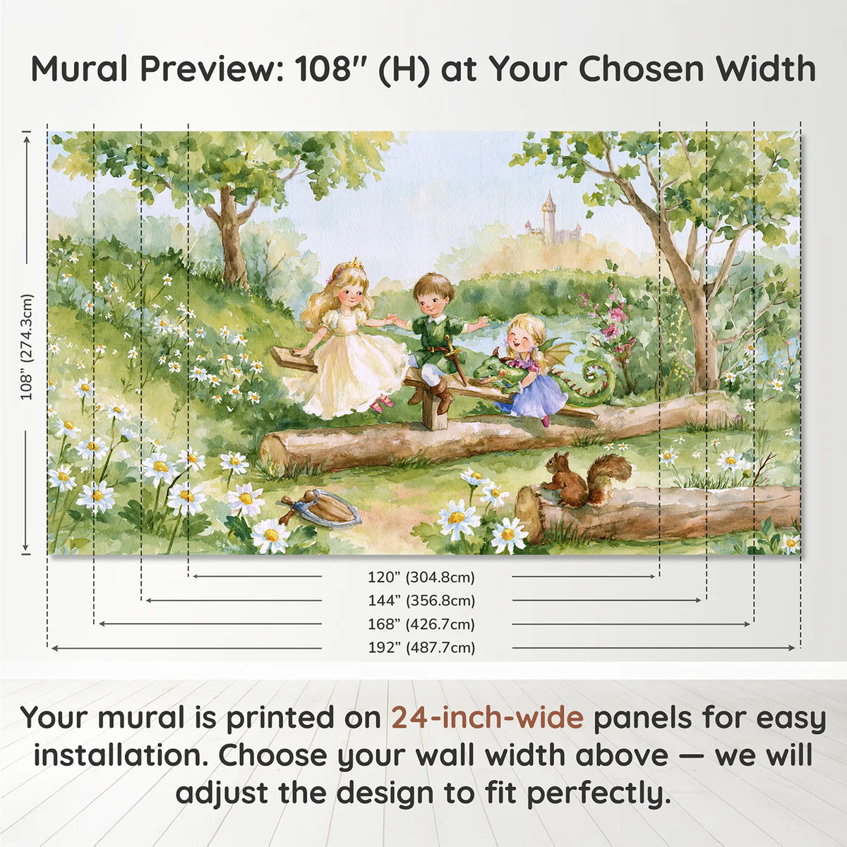 Panel layout and dimensions for Dragon Seesaw Play Wallpaper Mural by Whimsy Tots