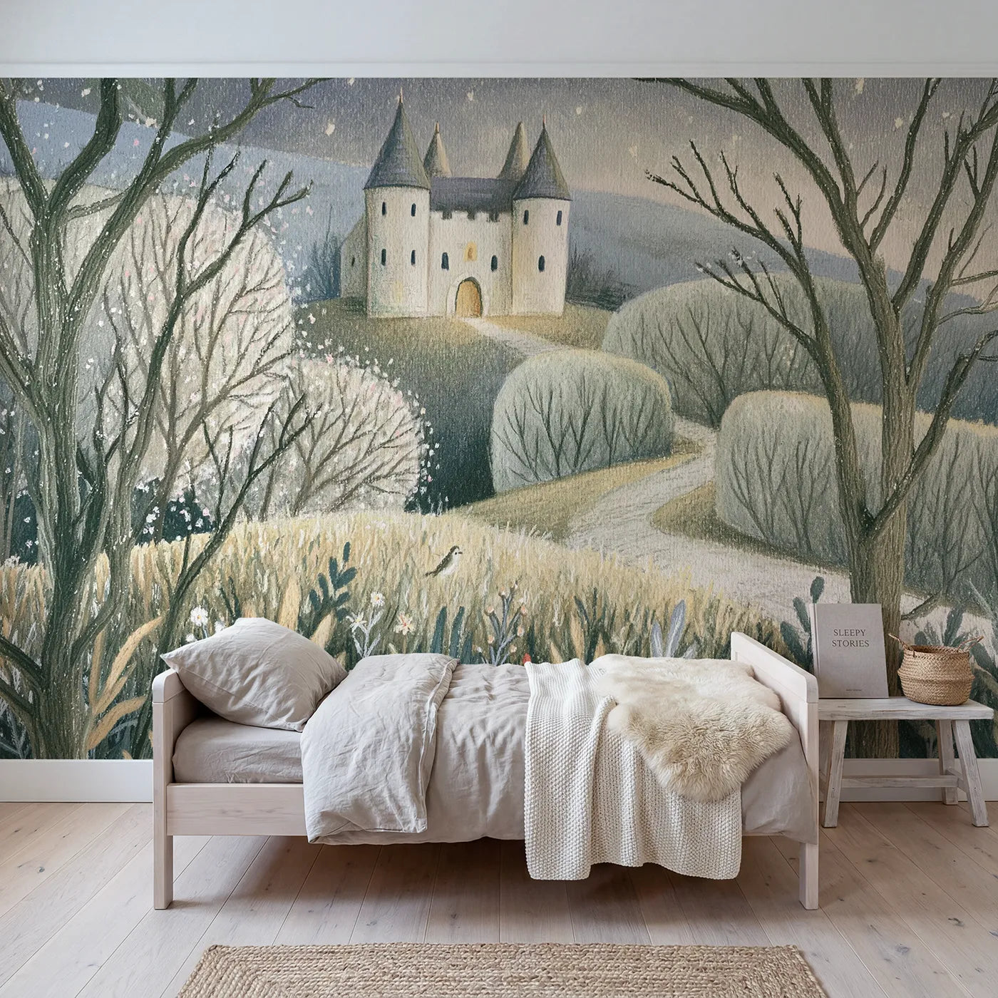 Colored pencil wall mural of a soft castle on warm putty by Whimsy Tots