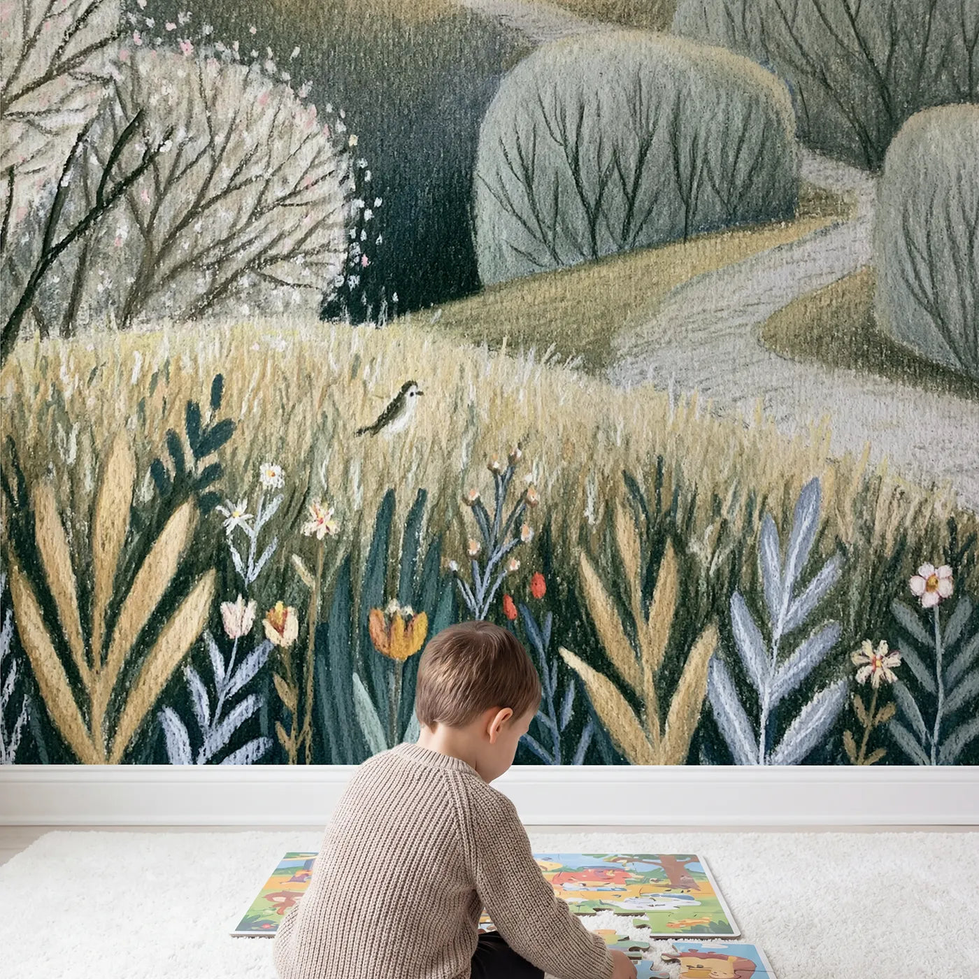 Child in nursery with Pencil Castle Dream Wallpaper Mural by Whimsy Tots