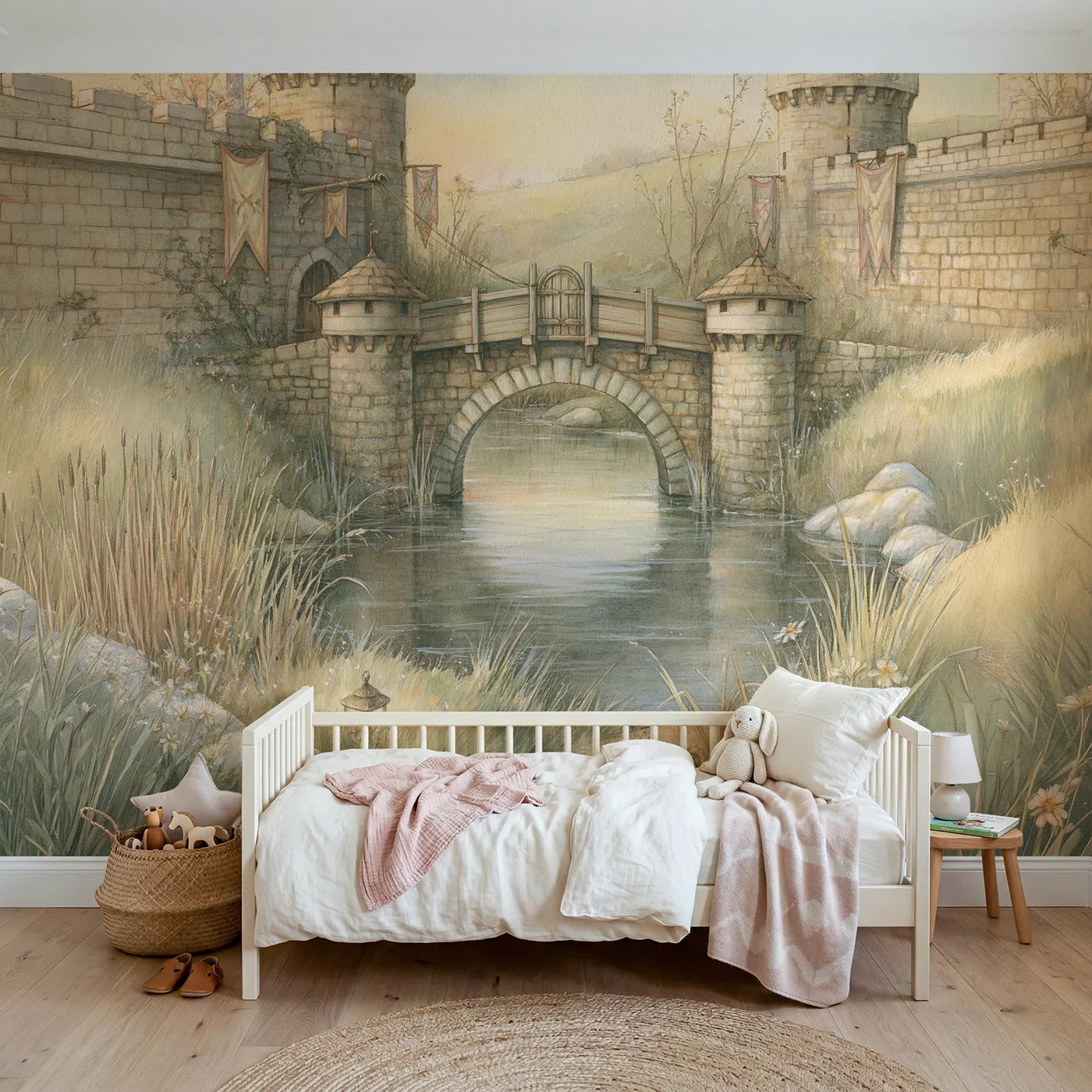 Storybook wall mural of a castle drawbridge on warm putty by Whimsy Tots