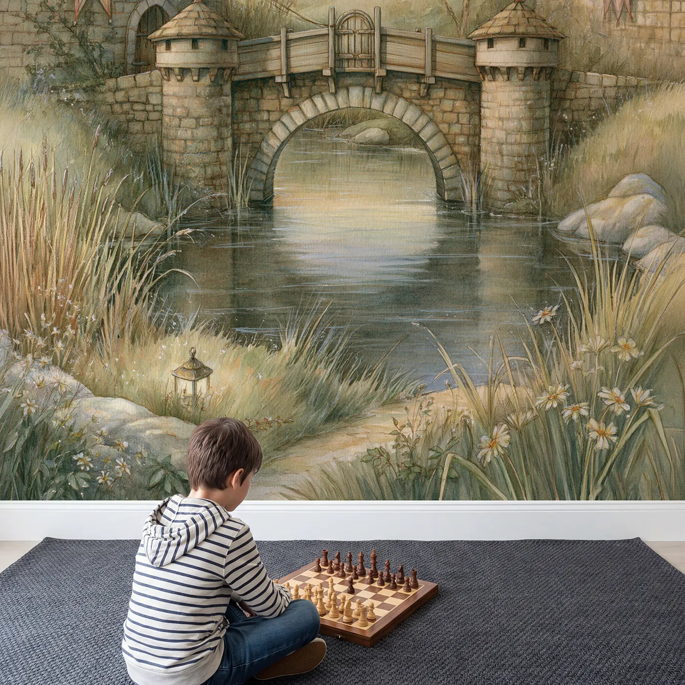 Child in nursery with Castle Drawbridge Wallpaper Mural by Whimsy Tots