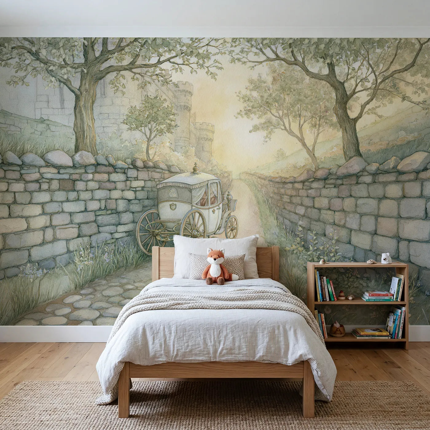 Storybook wall mural of a royal carriage on warm putty by Whimsy Tots