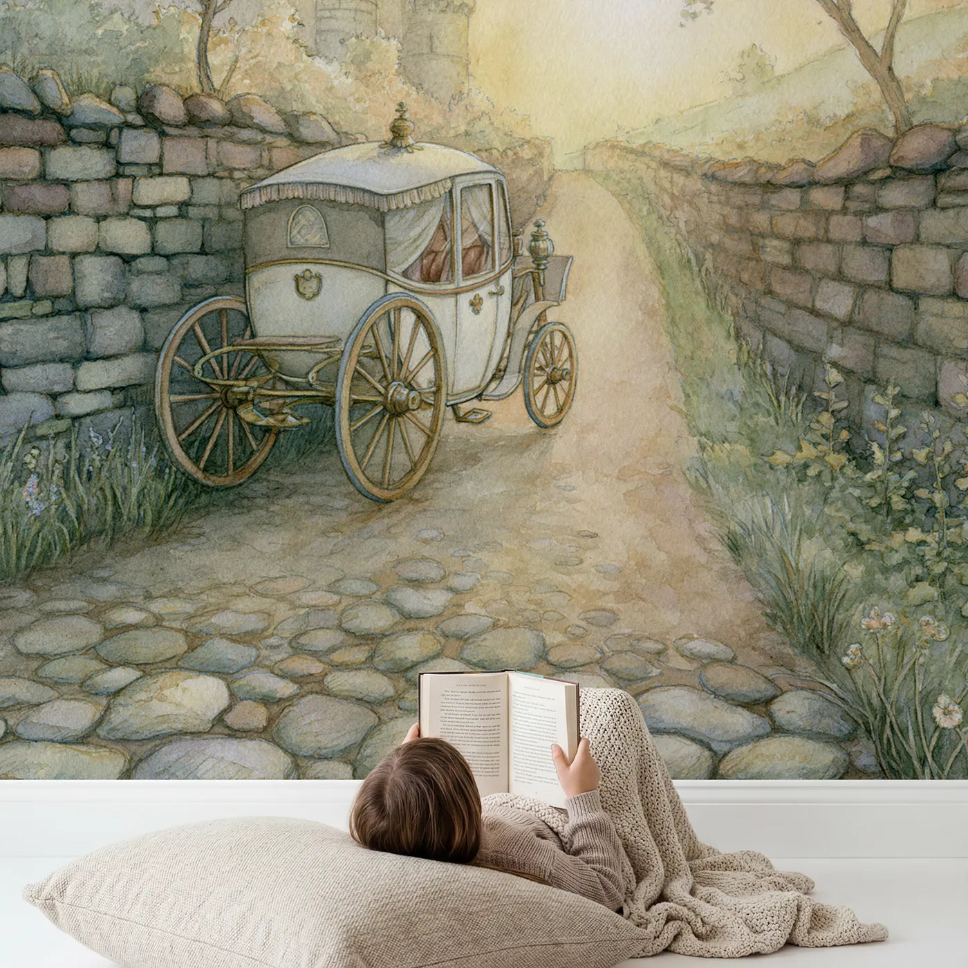 Child in nursery with Royal Carriage Wallpaper Mural by Whimsy Tots