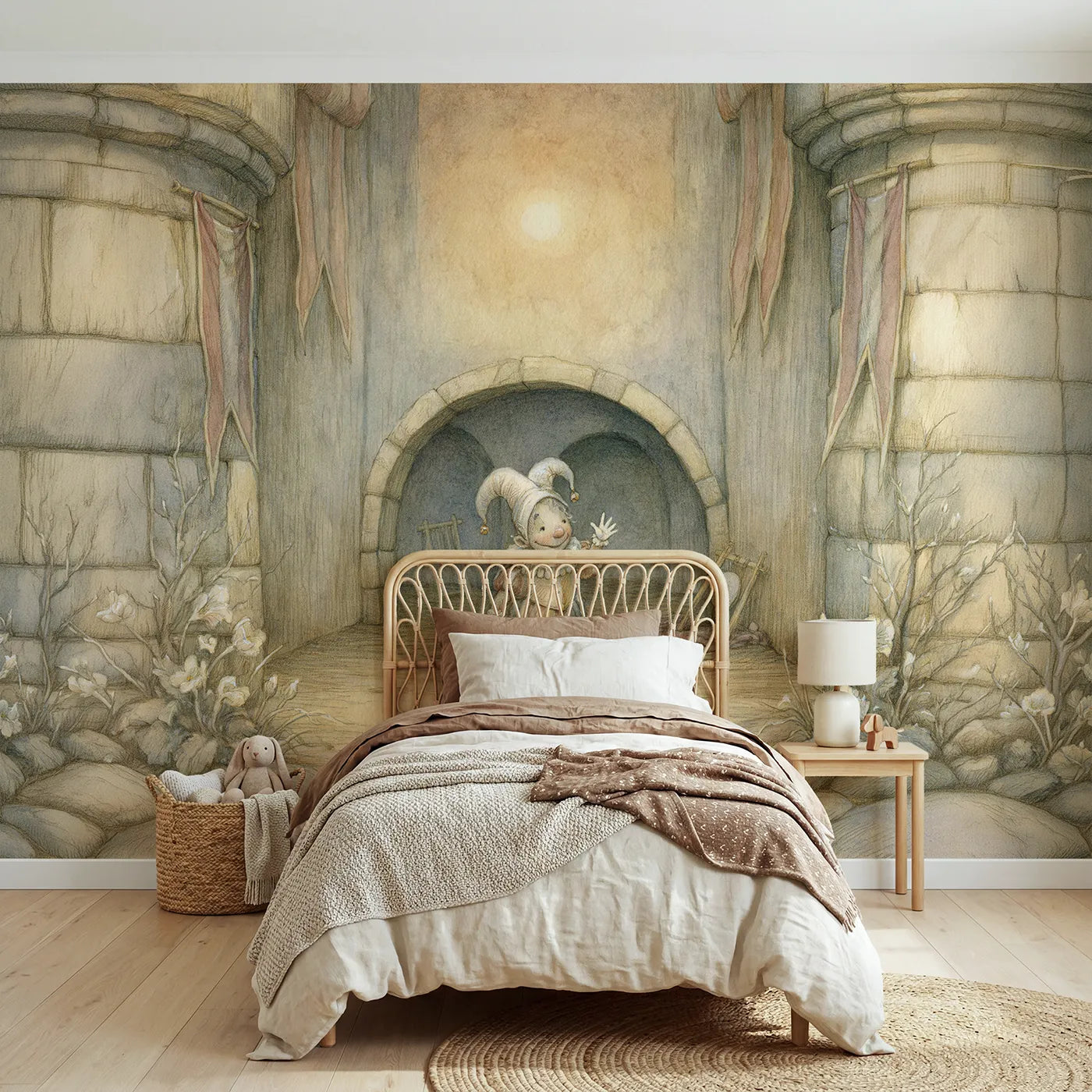 Storybook wall mural of a friendly court jester on warm putty by Whimsy Tots