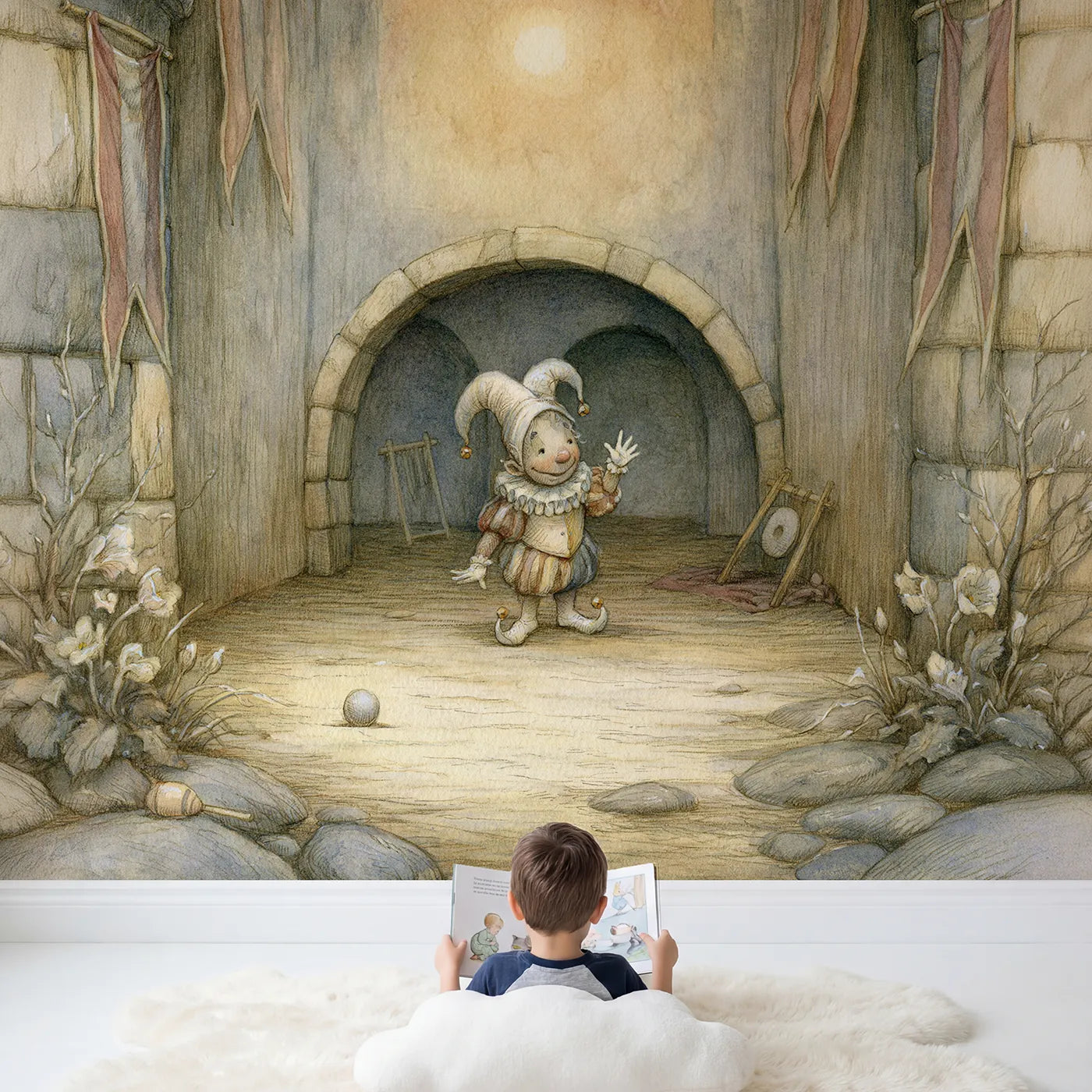 Child in nursery with Friendly Court Jester Wallpaper Mural by Whimsy Tots