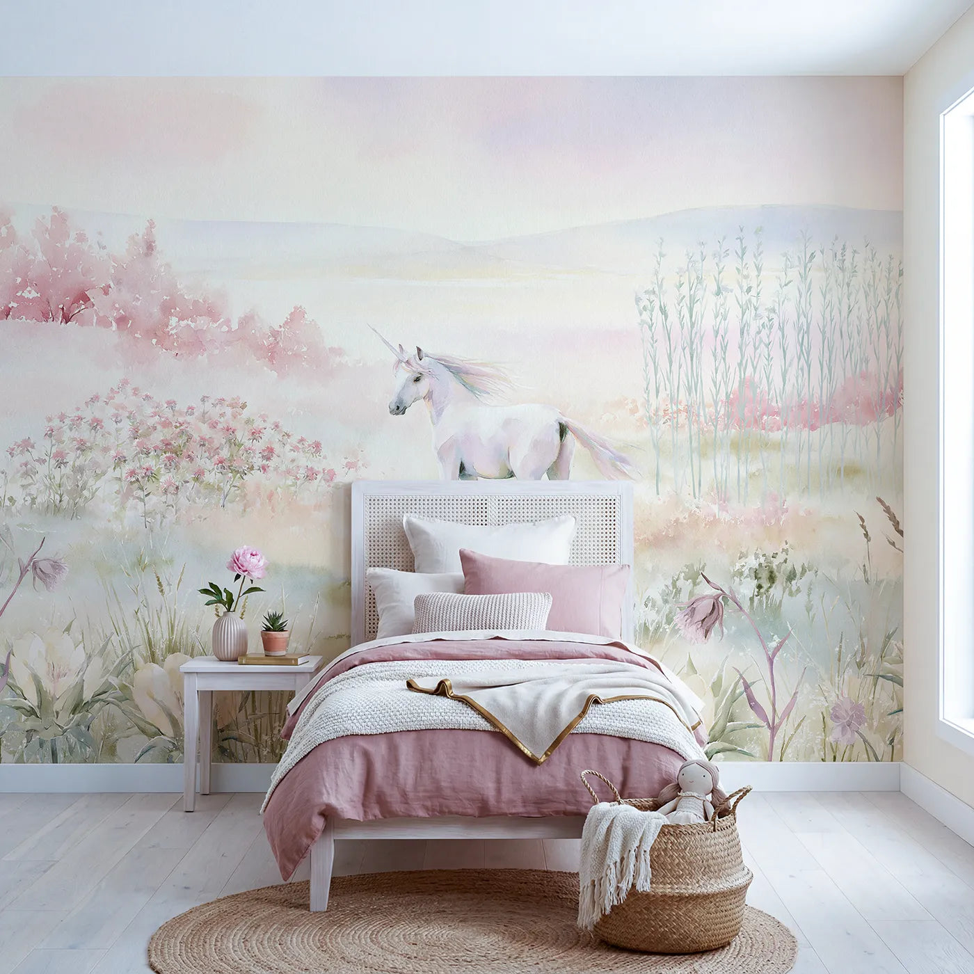 Watercolor wall mural of a unicorn in a misty meadow on pale sage by Whimsy Tots