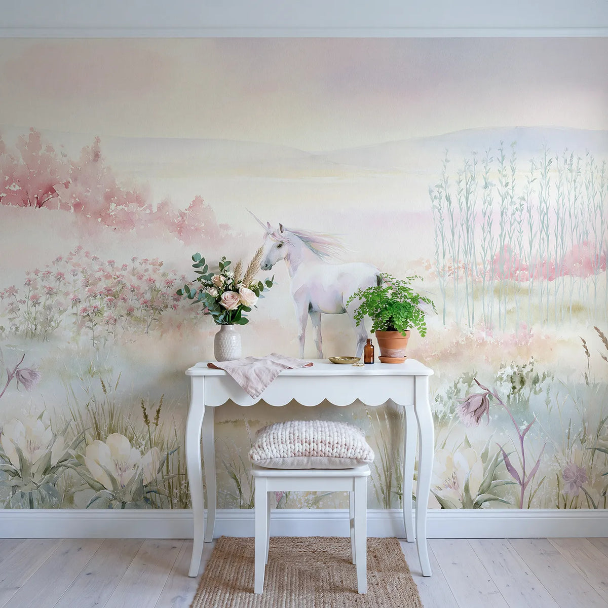 Misty Unicorn Meadow Wallpaper Mural in playroom setting by Whimsy Tots