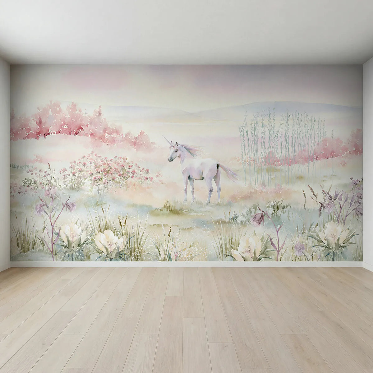 Full view of Misty Unicorn Meadow Wallpaper Mural by Whimsy Tots