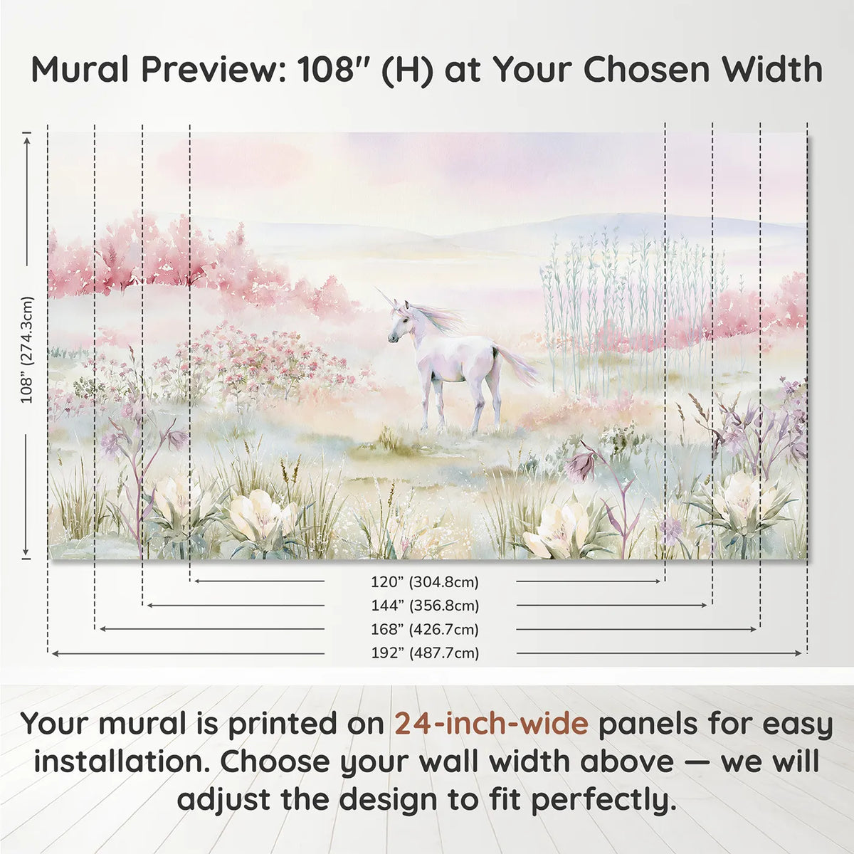 Panel layout and dimensions for Misty Unicorn Meadow Wallpaper Mural by Whimsy Tots