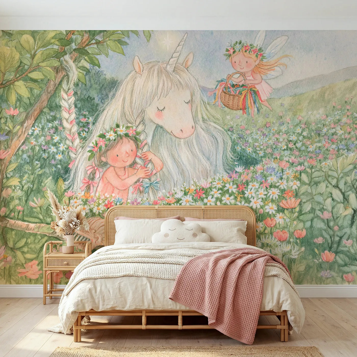 Colored Pencil fairies braiding a unicorn pale mane, mural for a big-kid bedroom by Whimsy Tots