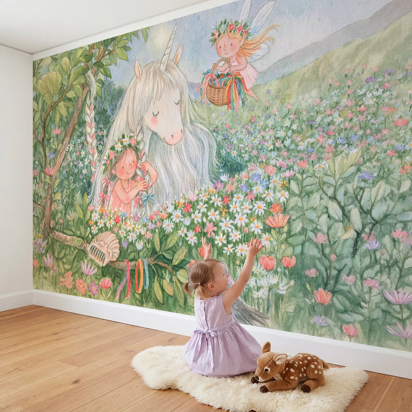 Child in nursery with The Mane Braiding Wallpaper Mural by Whimsy Tots