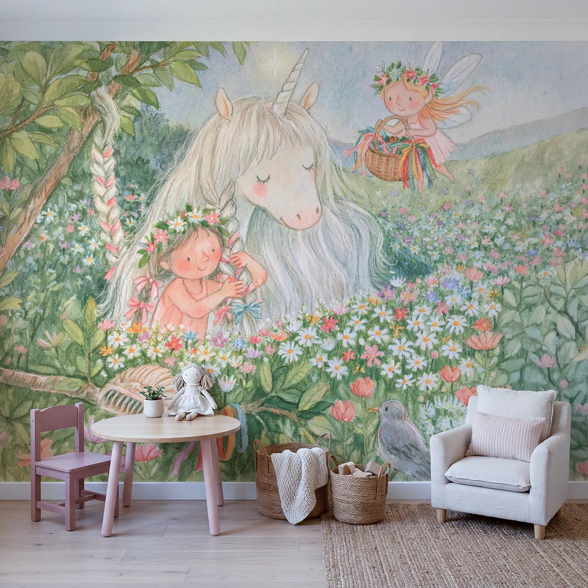 The Mane Braiding Wallpaper Mural in playroom setting by Whimsy Tots