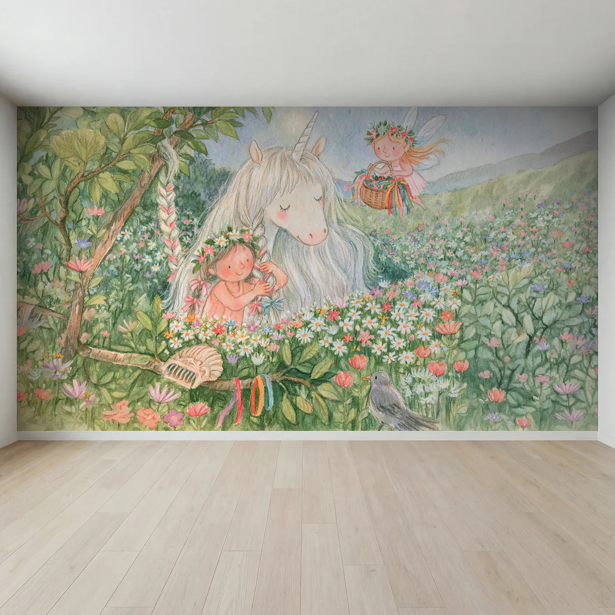 Full view of The Mane Braiding Wallpaper Mural by Whimsy Tots