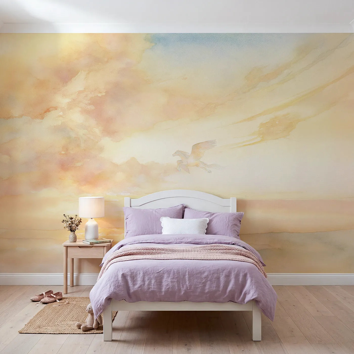 Watercolor wall mural of a pegasus in dawn clouds on warm cream by Whimsy Tots