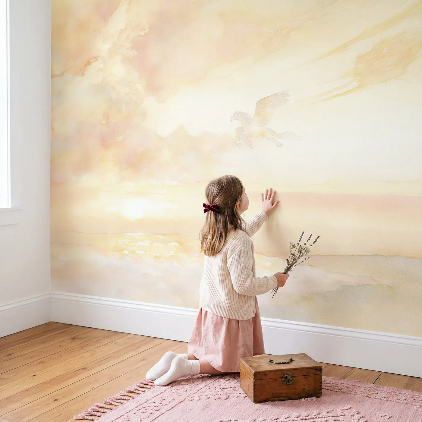 Child in nursery with Dawn Pegasus Flight Wallpaper Mural by Whimsy Tots