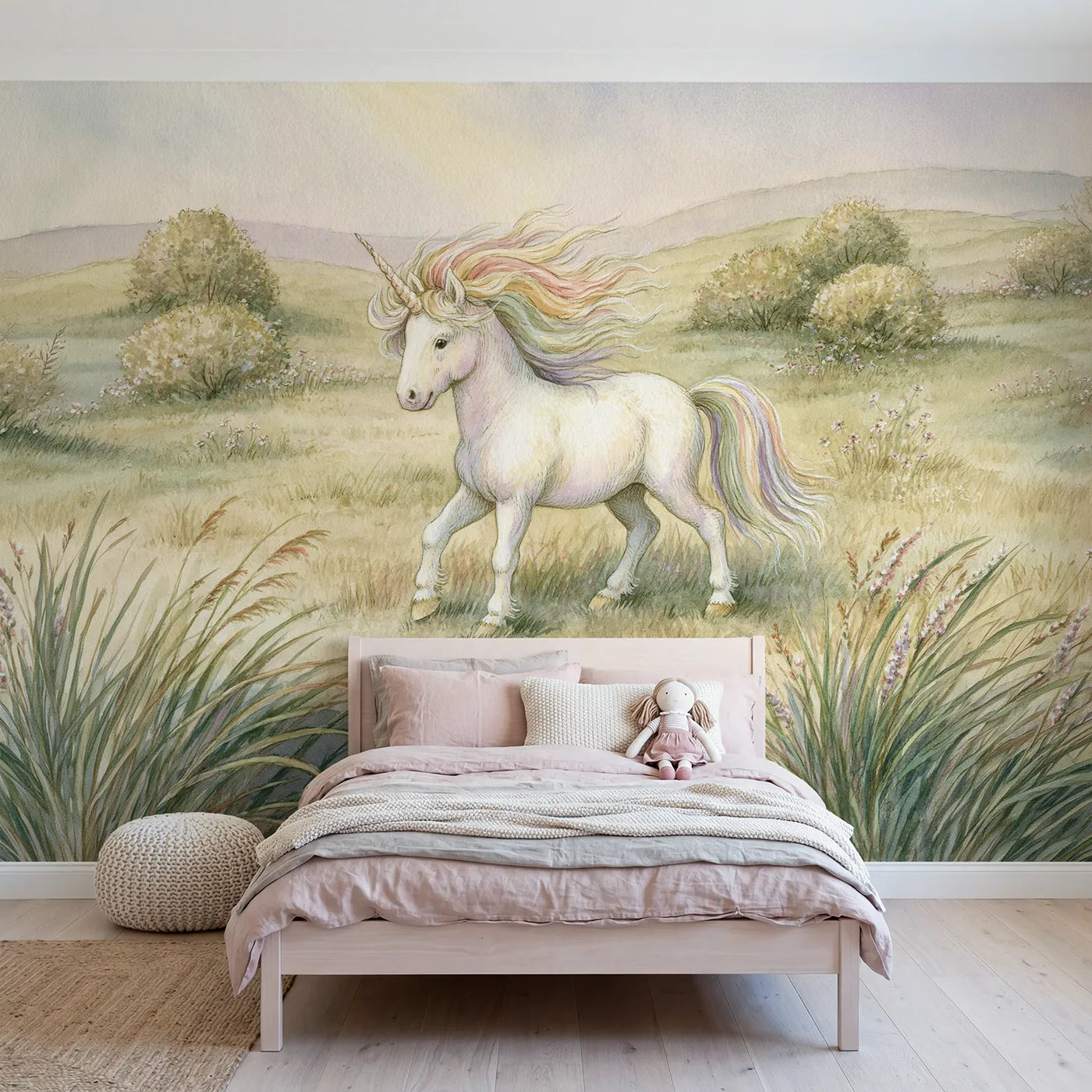 Storybook wall mural of a unicorn tossing a rainbow mane on blush by Whimsy Tots