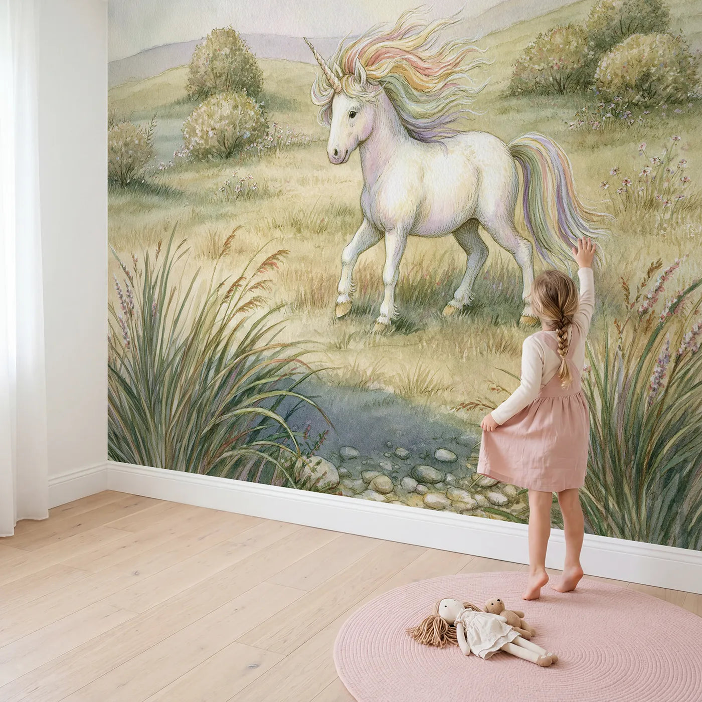 Child in nursery with Unicorn Rainbow Mane Wallpaper Mural by Whimsy Tots