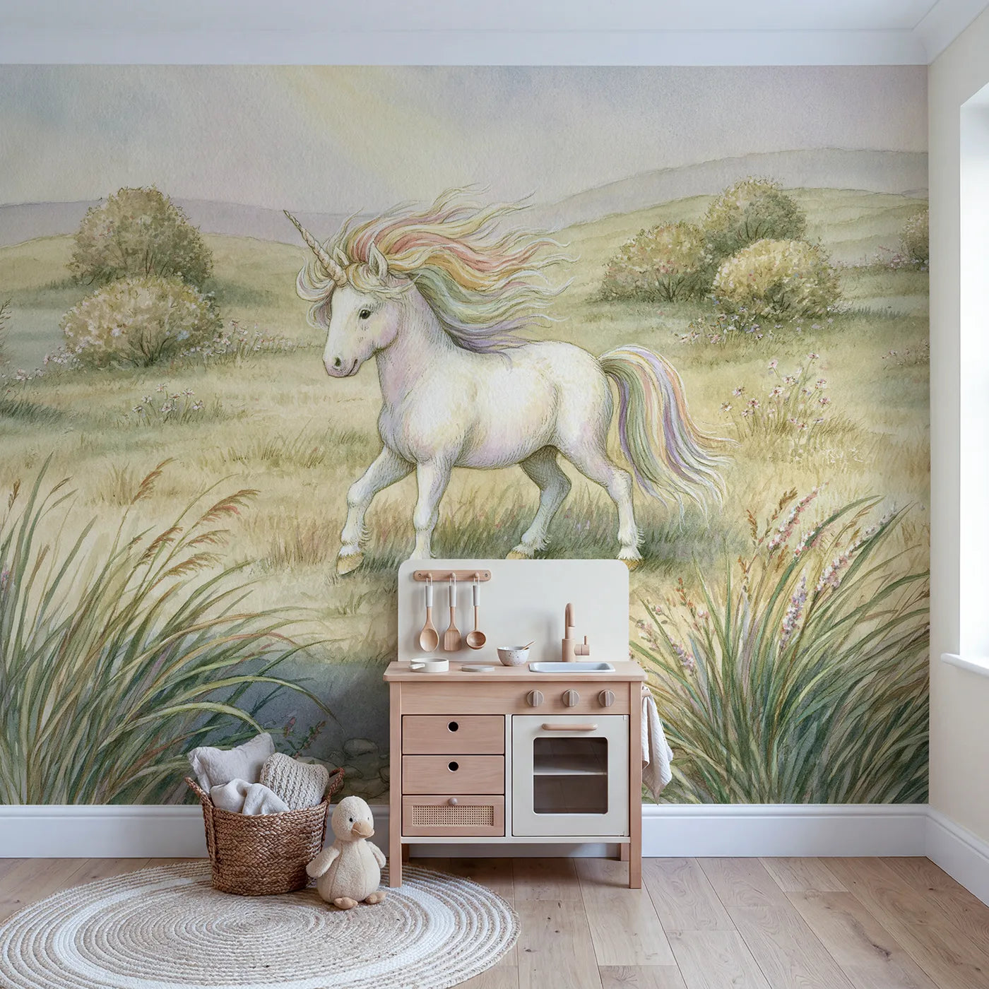 Unicorn Rainbow Mane Wallpaper Mural in playroom setting by Whimsy Tots