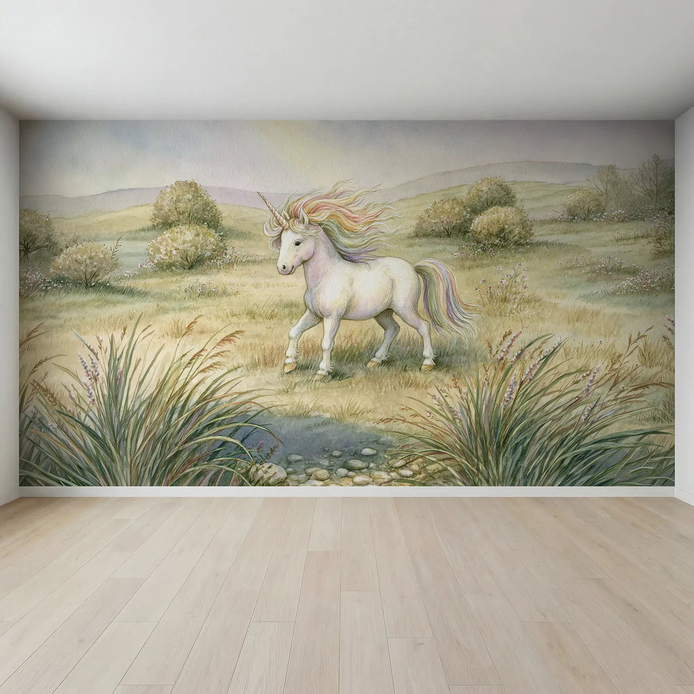 Full view of Unicorn Rainbow Mane Wallpaper Mural by Whimsy Tots