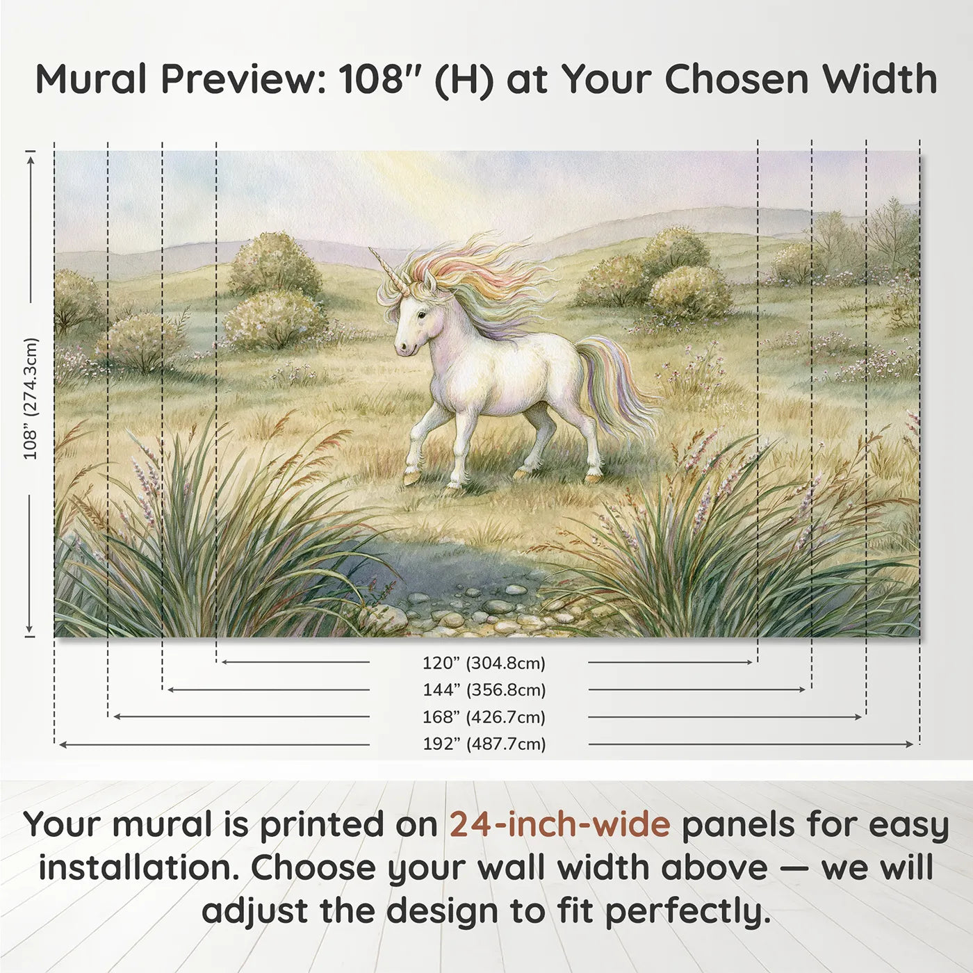 Panel layout and dimensions for Unicorn Rainbow Mane Wallpaper Mural by Whimsy Tots