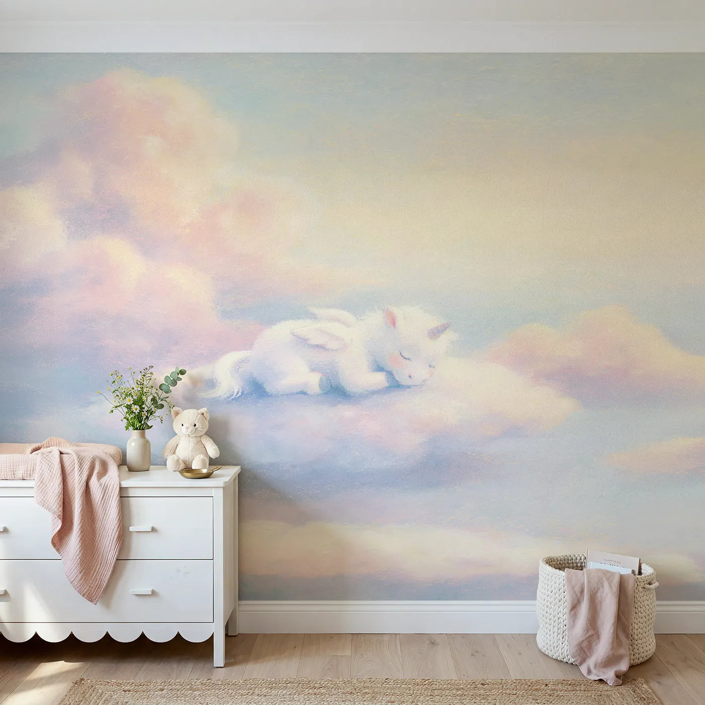 Chalk pastel wall mural of a pegasus napping on a cloud on soft blush by Whimsy Tots