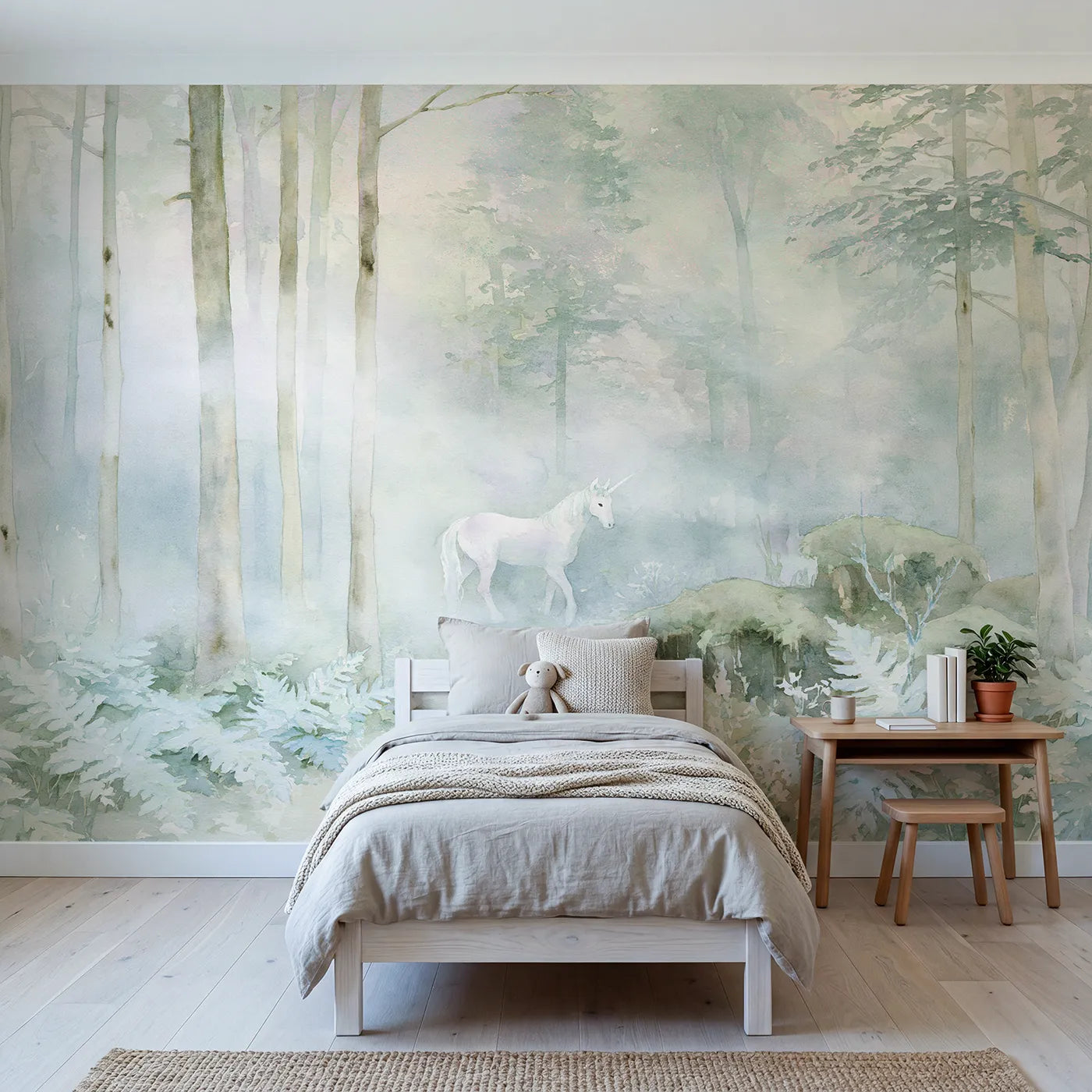 Watercolor wall mural of a unicorn in a misty glade on cool cream by Whimsy Tots