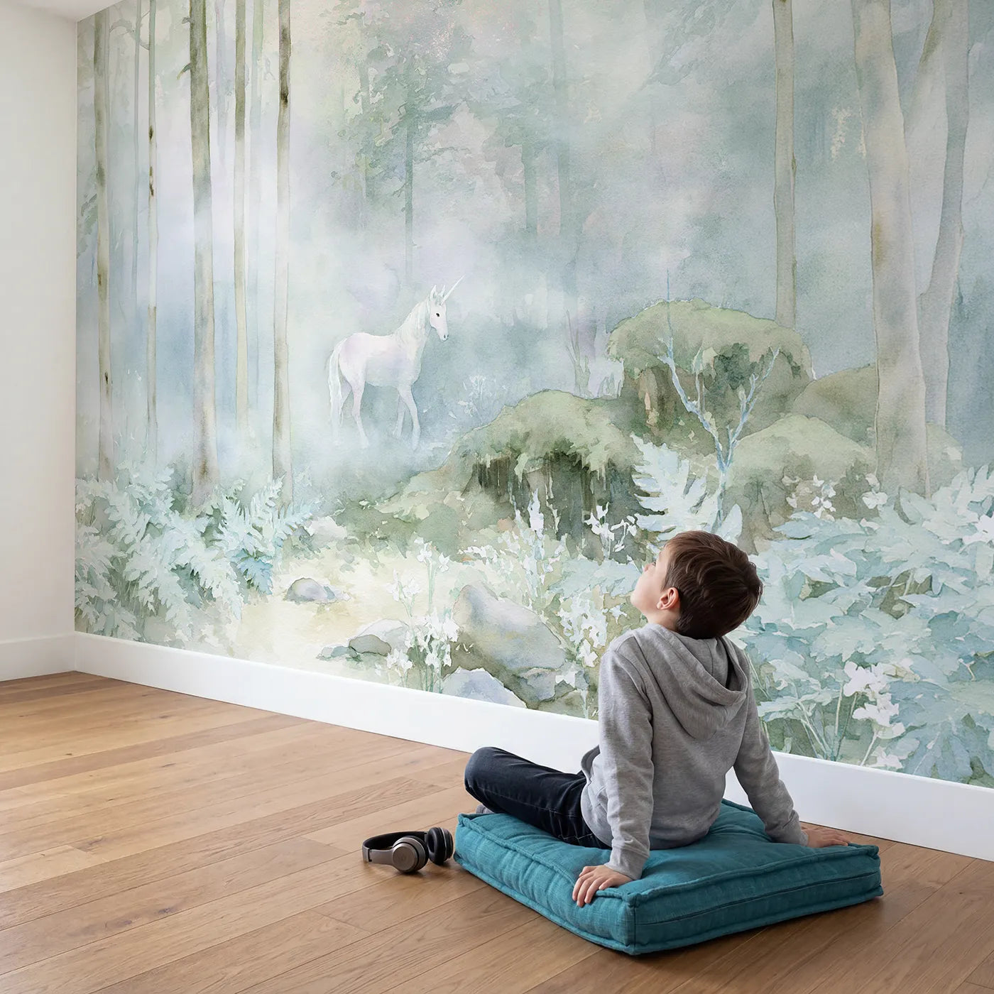 Child in nursery with Enchanted Unicorn Glade Wallpaper Mural by Whimsy Tots