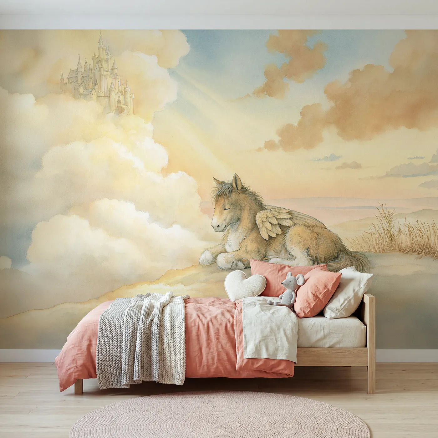 Storybook wall mural of a pegasus and cloud castle on warm cream by Whimsy Tots