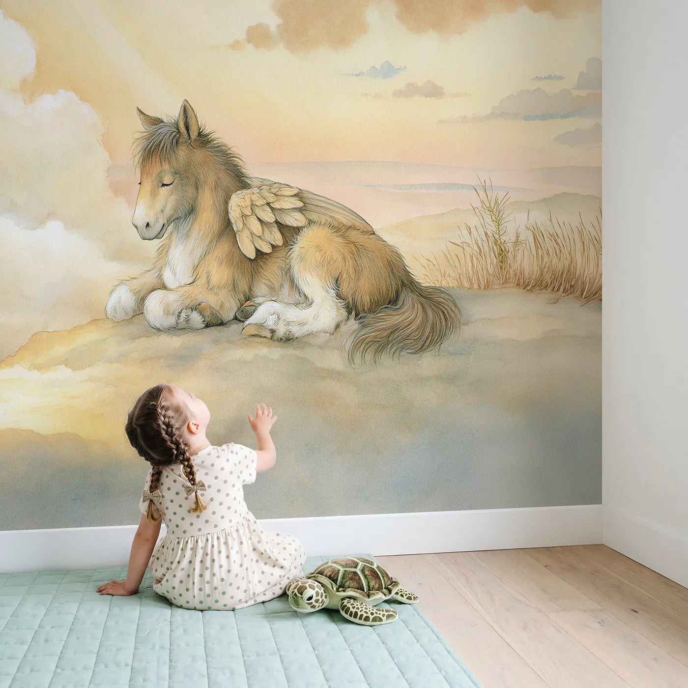 Child in nursery with Pegasus Cloud Castle Wallpaper Mural by Whimsy Tots