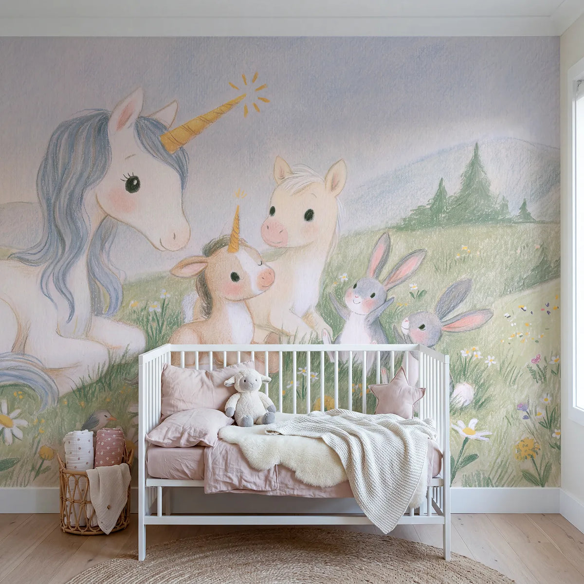 Colored Pencil unicorn foal making his first horn spark, mural for a bedroom by Whimsy Tots