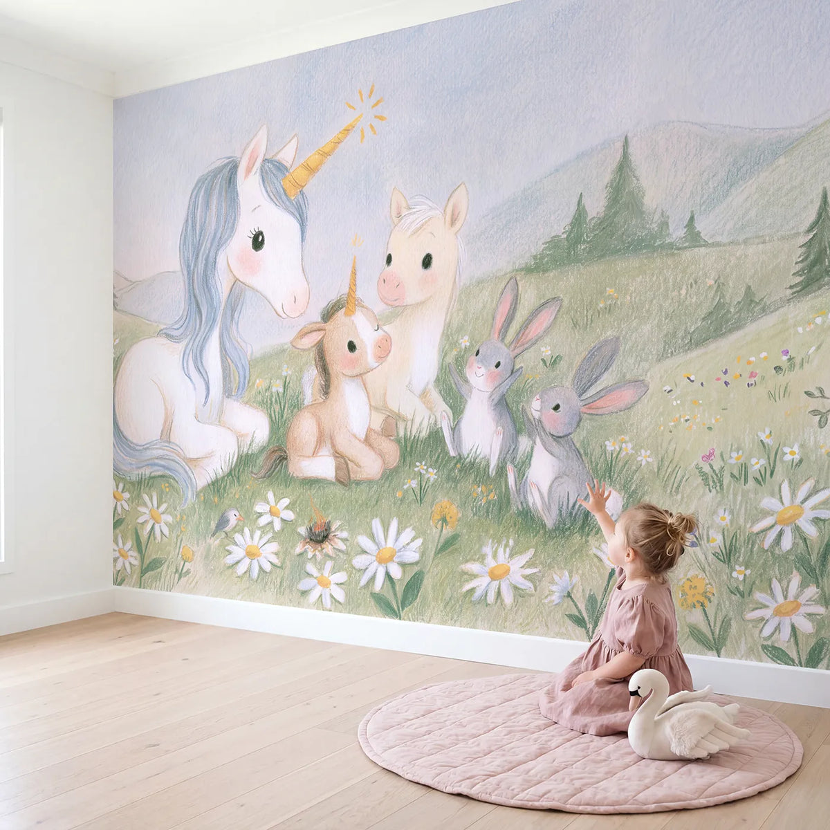 Child in nursery with The First Sparkle Wallpaper Mural by Whimsy Tots