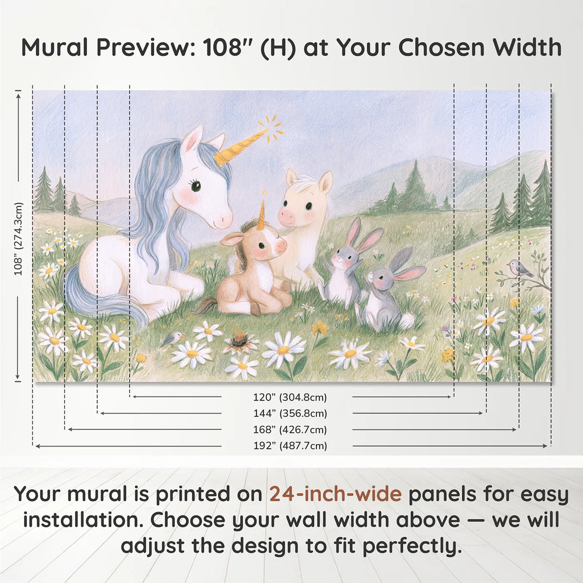 Panel layout and dimensions for The First Sparkle Wallpaper Mural by Whimsy Tots