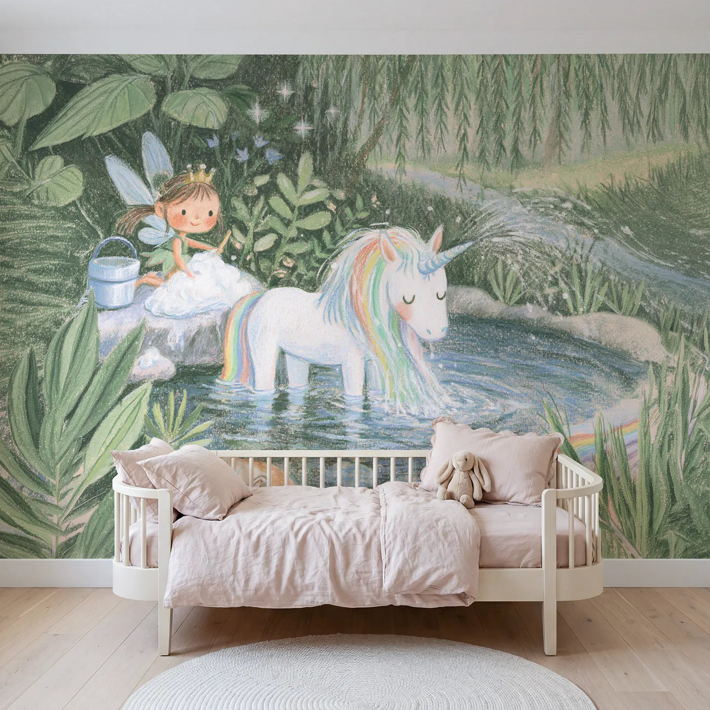 Colored Pencil unicorn having her rainbow mane washed, mural for a playroom by Whimsy Tots