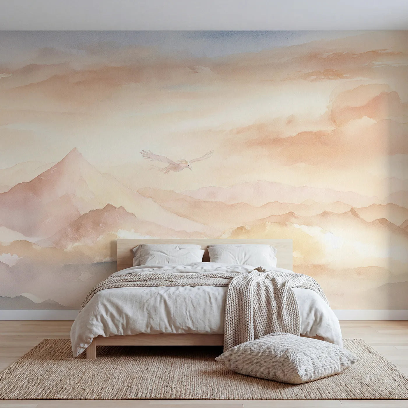 Watercolor wall mural of a pegasus above misty peaks on warm cream by Whimsy Tots