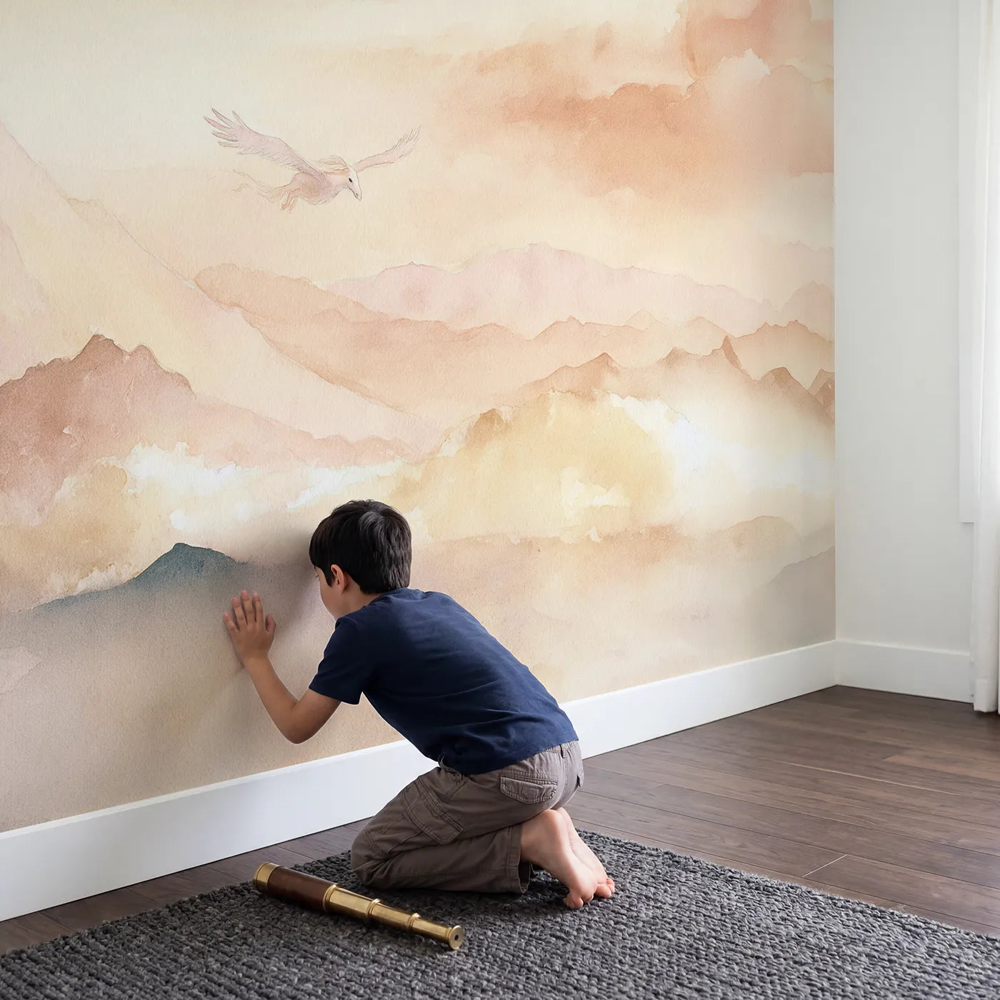 Child in nursery with Pegasus Misty Peaks Wallpaper Mural by Whimsy Tots