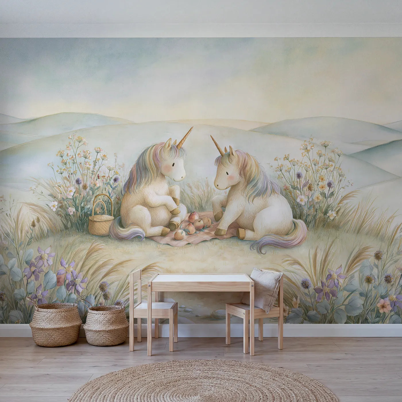 Storybook wall mural of unicorns at a meadow picnic on soft blush by Whimsy Tots