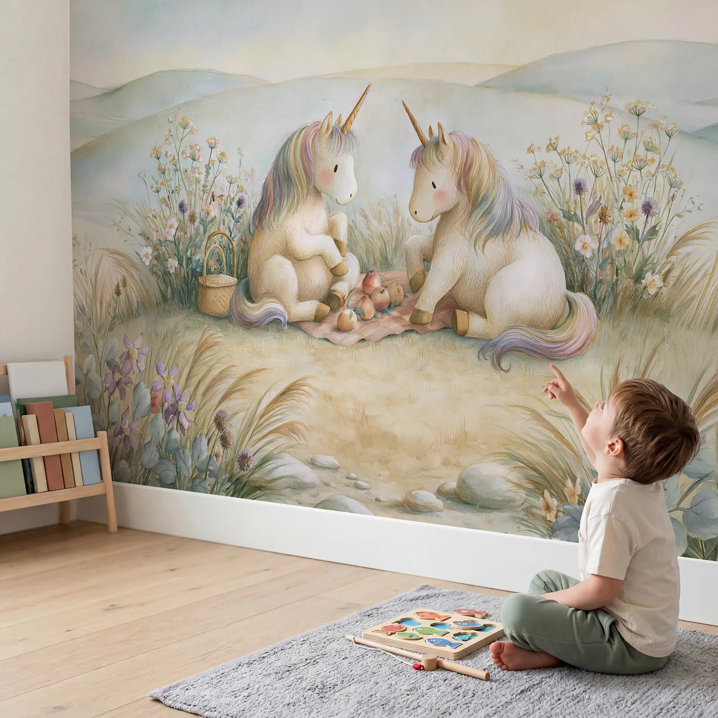 Child in nursery with Unicorn Picnic Day Wallpaper Mural by Whimsy Tots