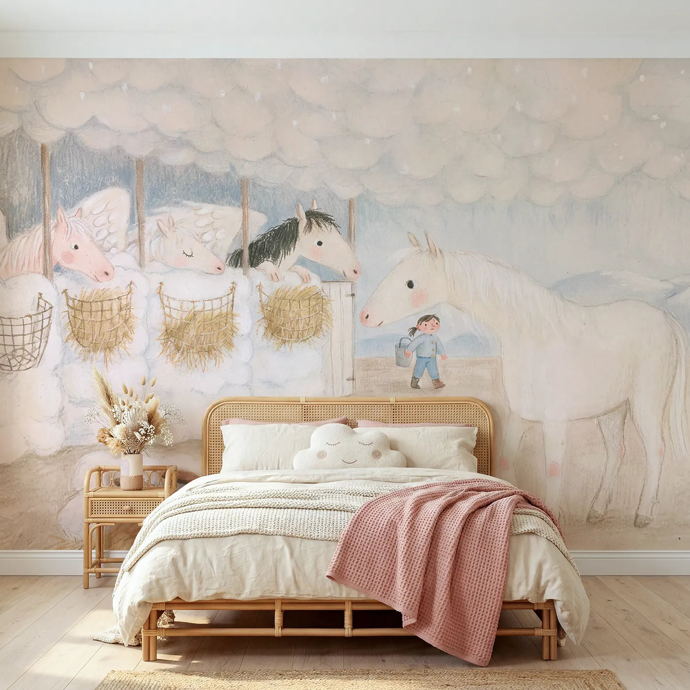 Colored Pencil winged horses in snug cloud stalls, mural for a shared kids room by Whimsy Tots