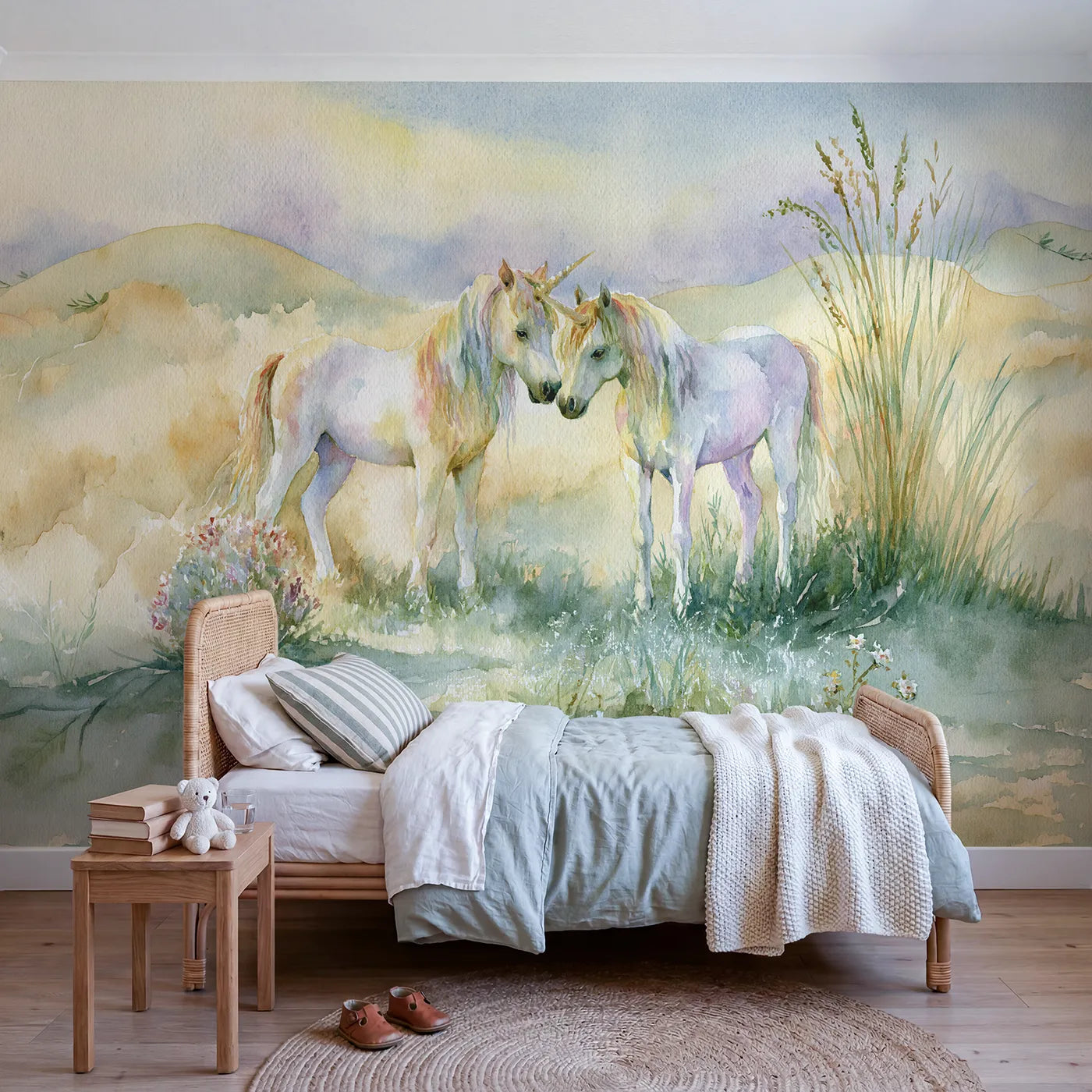 Watercolor wall mural of twin unicorns meeting gently on soft blush by Whimsy Tots