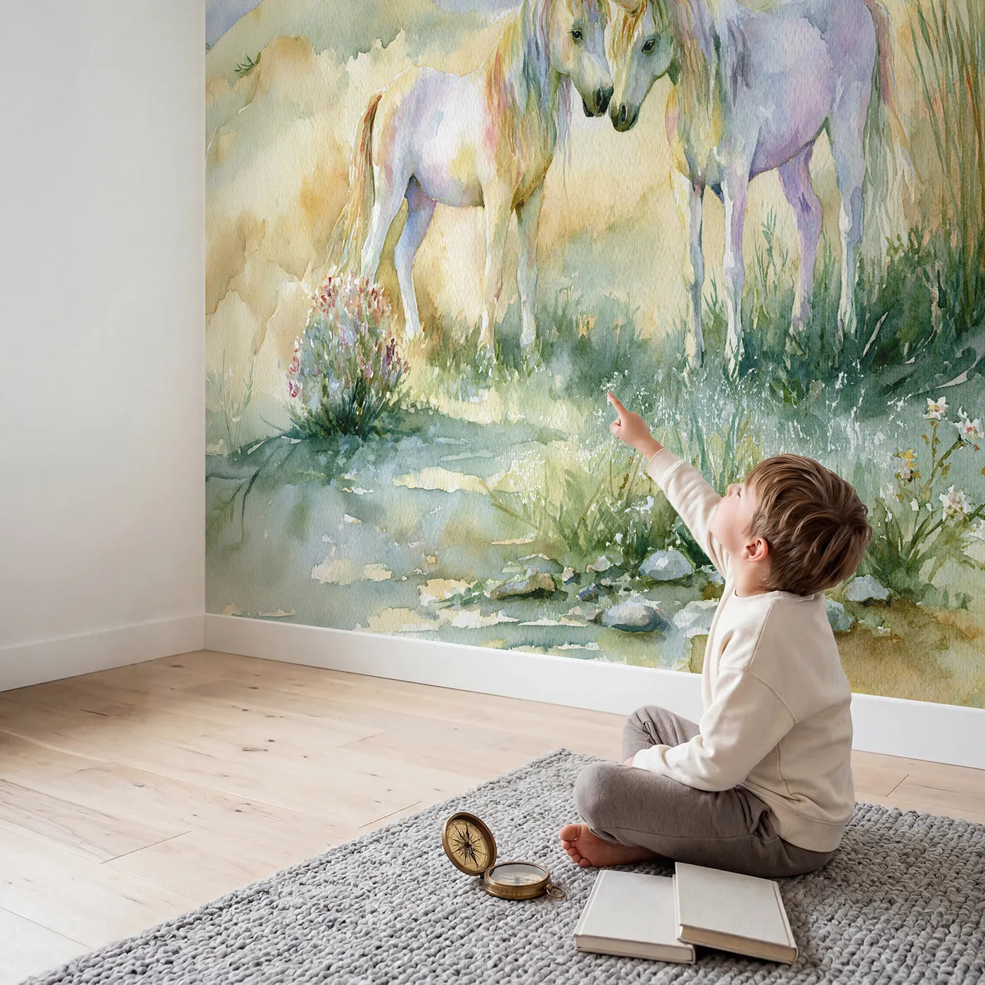 Child in nursery with Twin Unicorn Friends Wallpaper Mural by Whimsy Tots