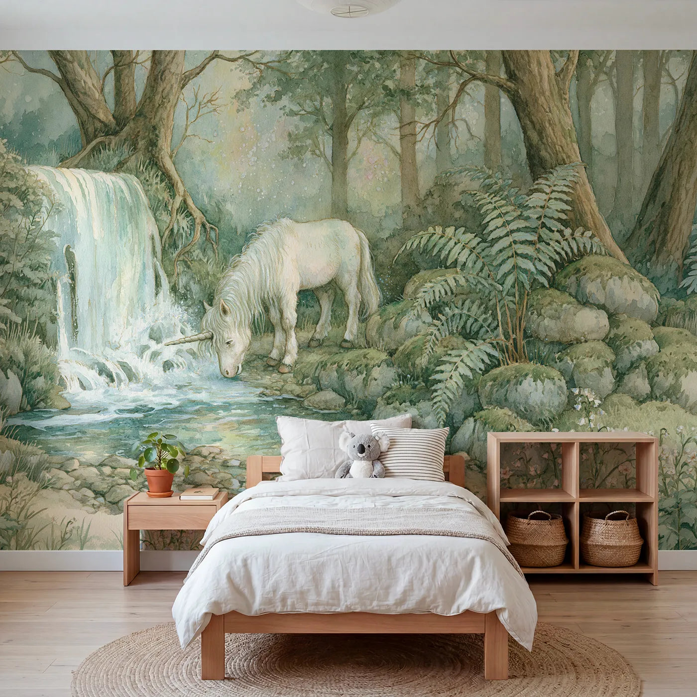 Storybook wall mural of a unicorn at a glowing waterfall on cool cream by Whimsy Tots