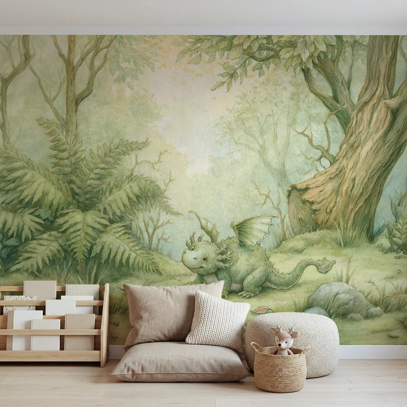 Storybook wall mural of a small dragon playing in moss on pale sage by Whimsy Tots