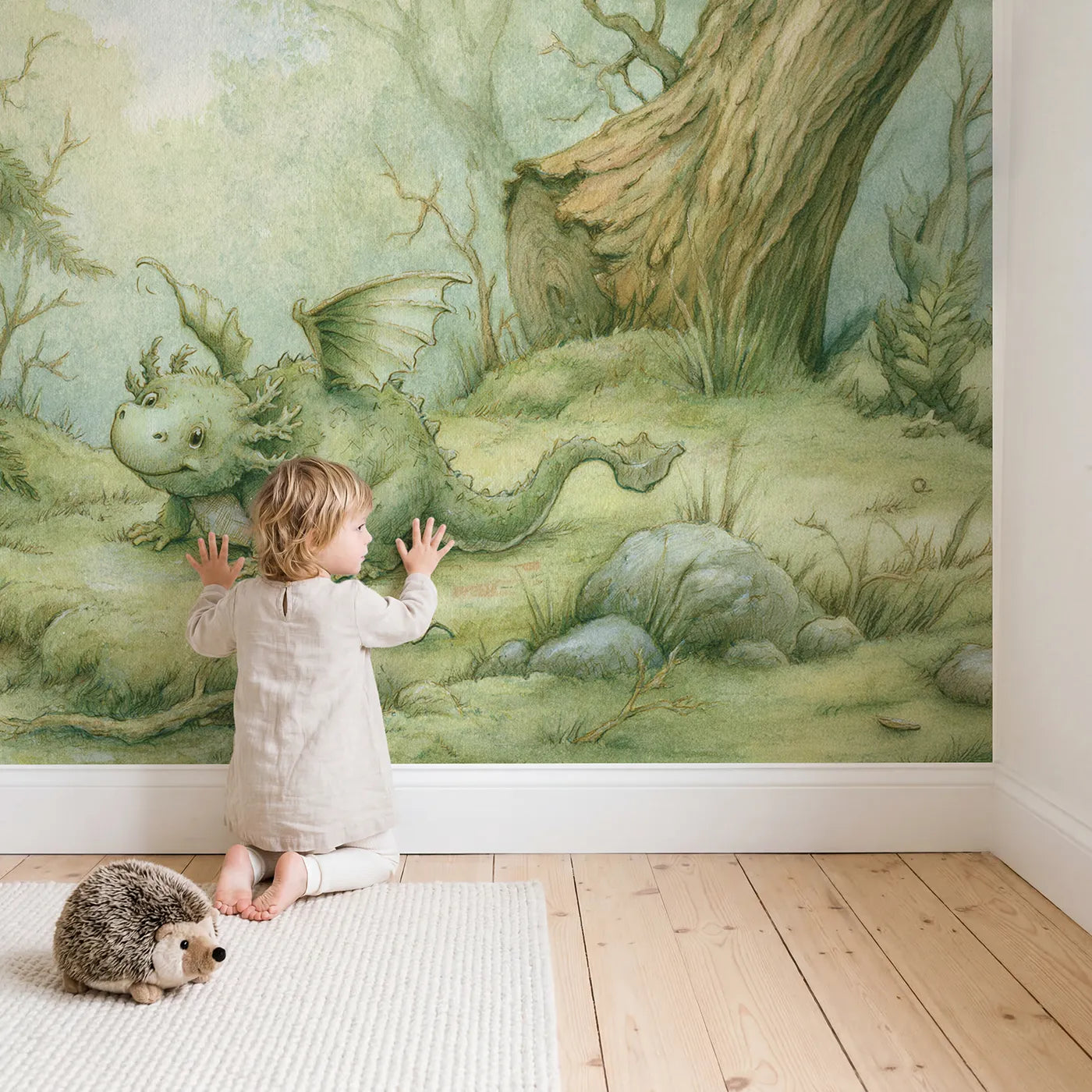 Child in nursery with Cute Baby Dragon Wallpaper Mural by Whimsy Tots